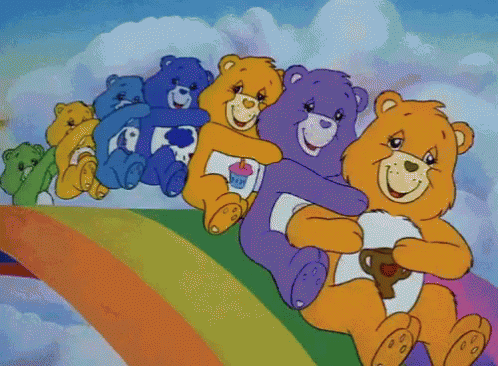 Gif con los ositos cariñositos deslizandose por un arcoiris