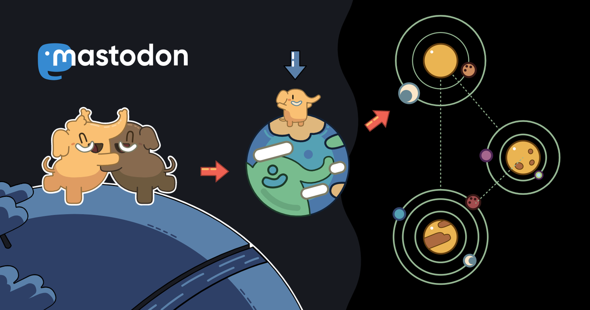 imagen de las mascotas de mastodon abrazandose en un planeta