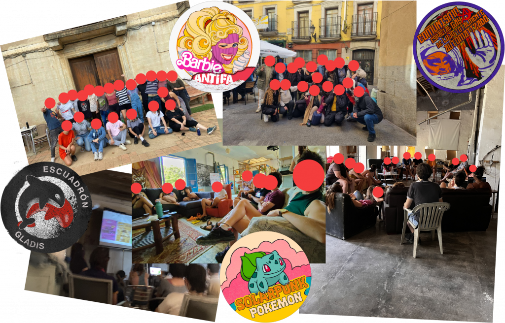 Collage of photos with the faces covered with red balls