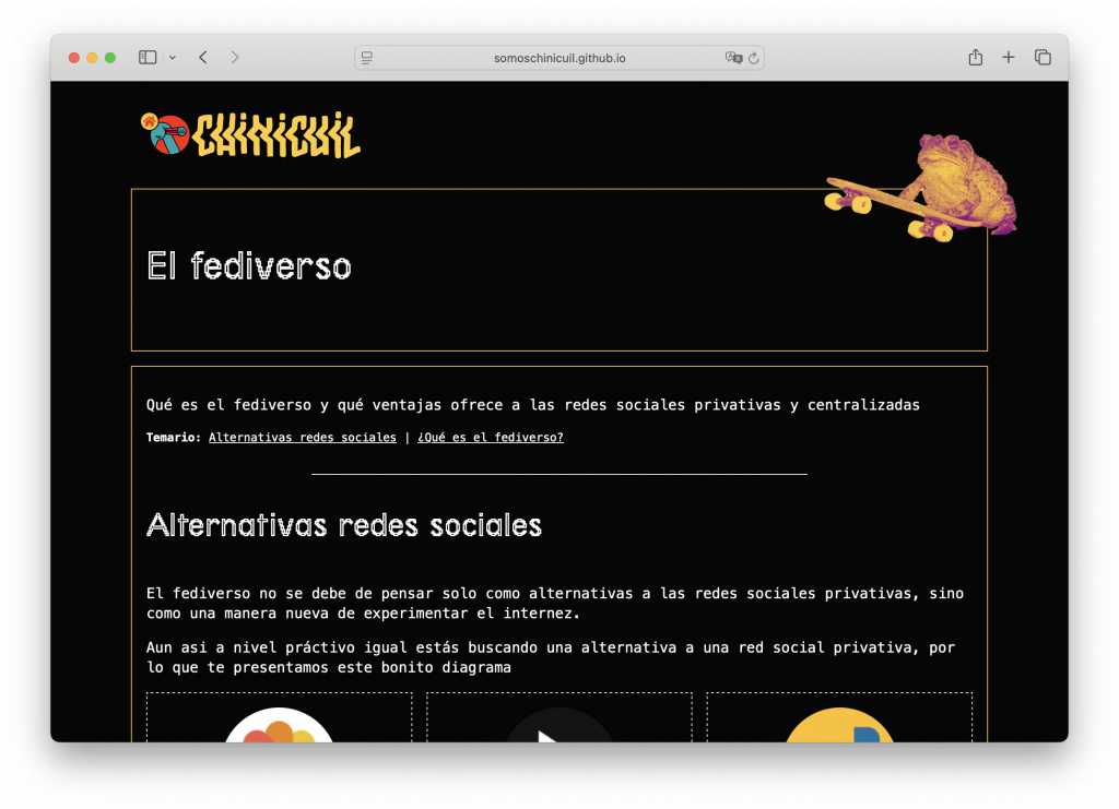 Mockup of the website of chinicuil in a desktop view. Has a black background and a photo of a small toad on the top corner