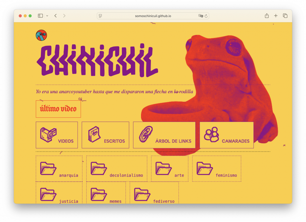 Mockup of the website of chinicuil in a desktop view. Has a yellow background and an illustration of a red frog on the back