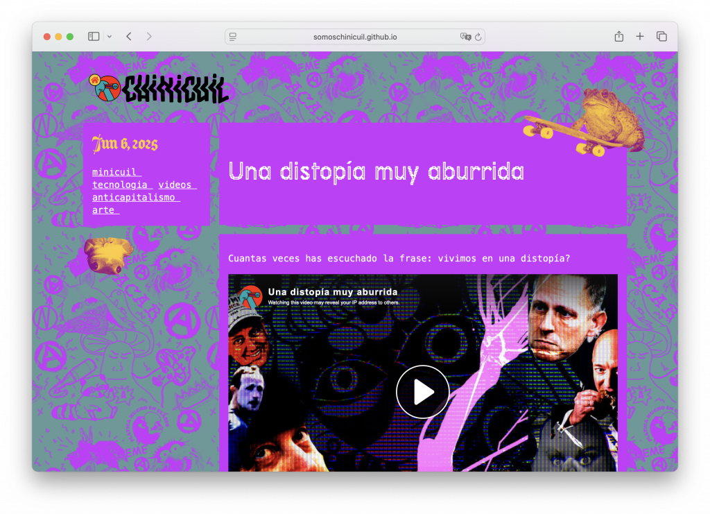 Mockup of the website of chinicuil in a desktop view. Has a collage background with images in multiple colors
