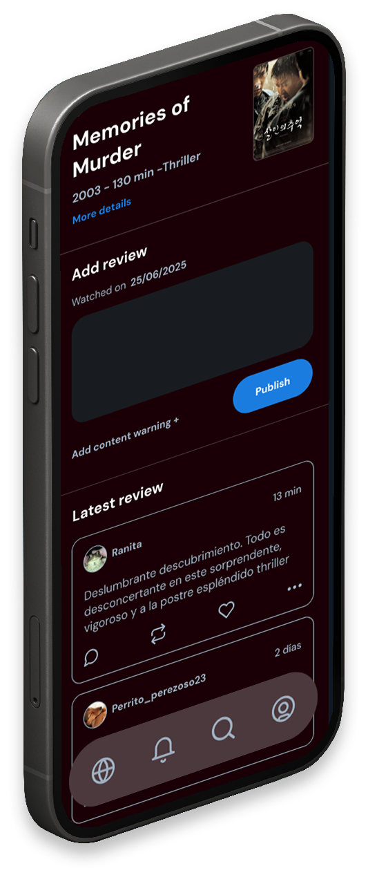 Mobile phone with a mockup of the movieraptor app