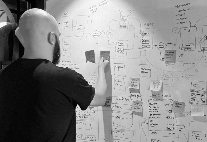 Black and whit photo of a bold bearded man from behind pasting a post-it in a board