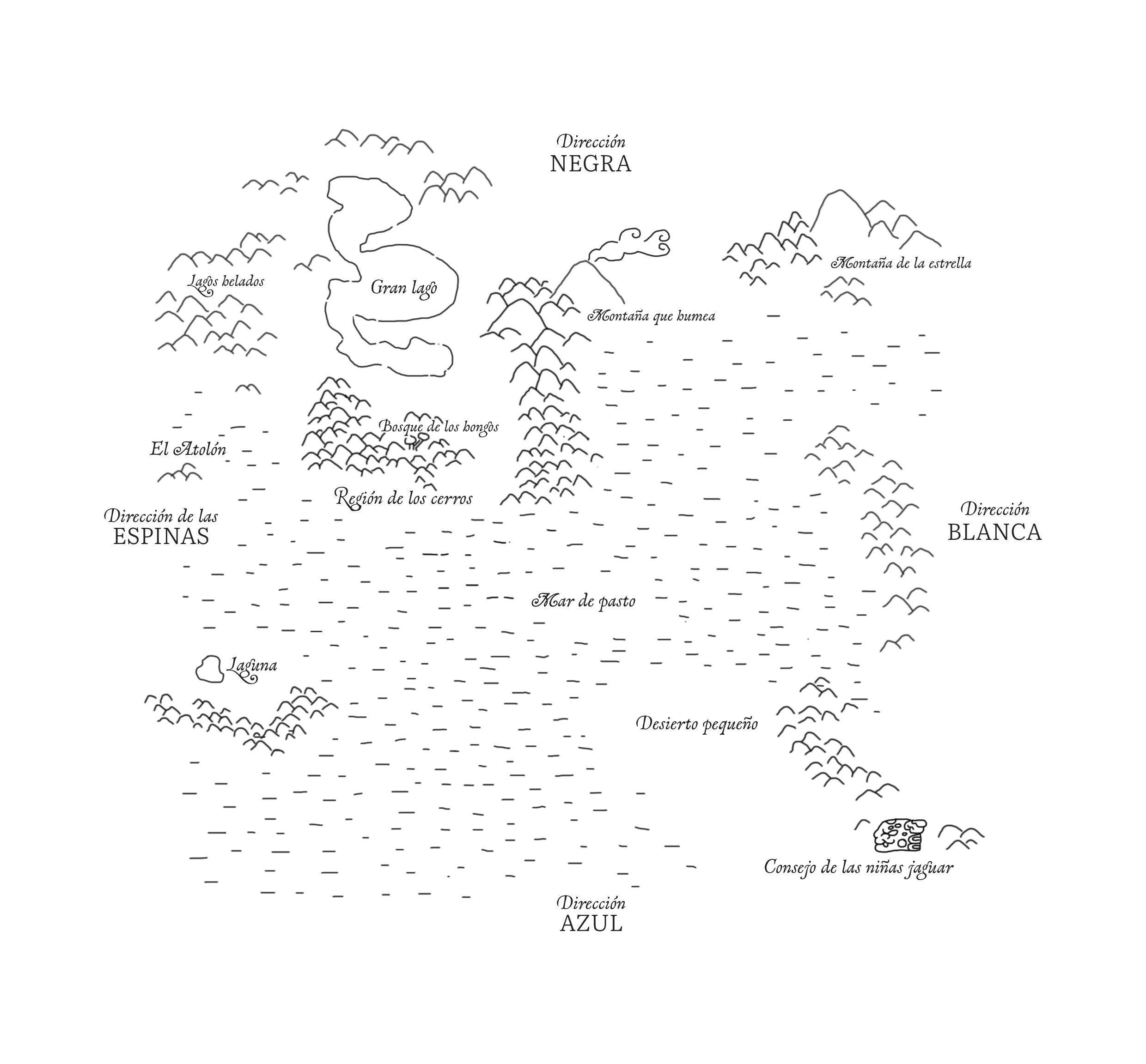 Mapa en blanco y negro de la era del anarquismo, hay cerros un mar de pasto, volcanes, lagos y cerros