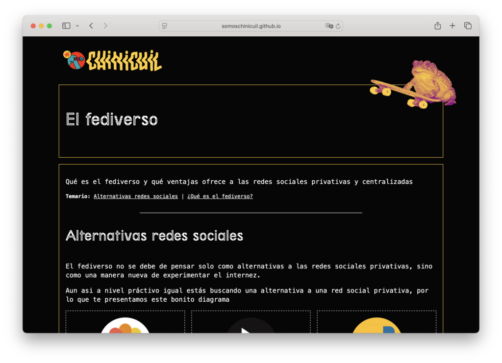 Mockup of the website of chinicuil in a desktop view. Has a black background and a photo of a small toad on the top corner