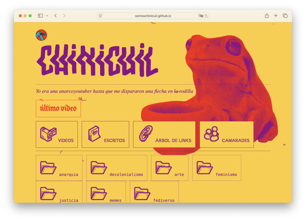 Mockup of the website of chinicuil in a desktop view. Has a yellow background and an illustration of a red frog on the back
